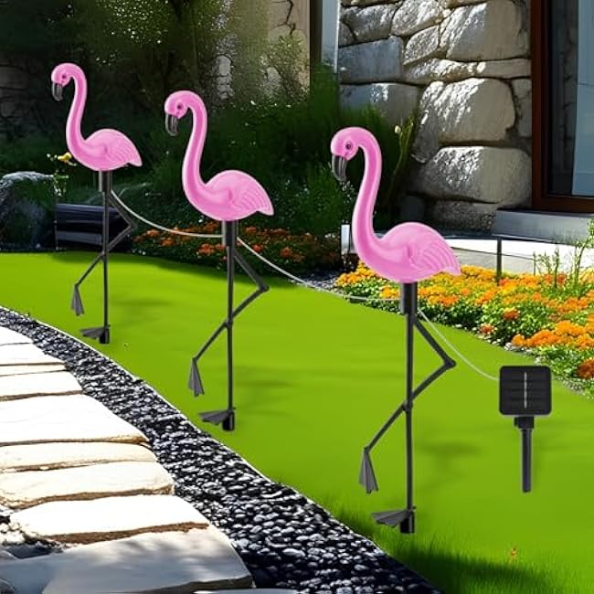 Solar Flamingo Lights 3 Pcs Set, Waterproof Solar Garden Lights Outdoor Decoration, Pink Flamingo Garden Decoration for Patio Lawn Sidewalk Pathway
