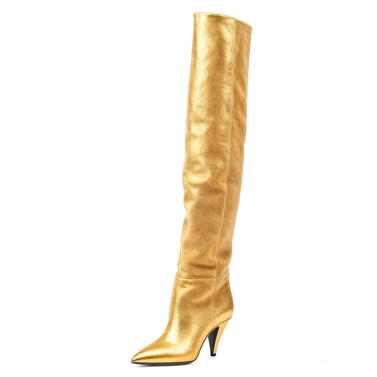XYD Women Thigh High Boots Cone Mid Heels Over The Knee Stretchy Pointed Toe Stylish Baggy Winter Warm