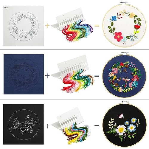 ATTERET Embroidery Hoops 3 Pack Set:Premium Bamboo Wood Rings with Metal Tension Screw Brackets for DIY Cross Stitching, Sewing, Embroidered Craft Projects (Floral Embroidery Kit 1)