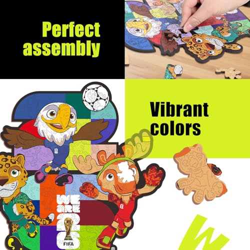 Image of FIFA World Cup 2026 Mascot Wooden Jigsaw Puzzle for Kids & Adults, USA - Canada - Mexico Mascot 150 Pieces, Unique Shape Puzzle, Officially Licensed, Sports Gift for Fans, 5MM Thick