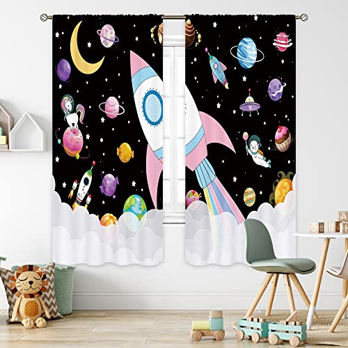 Cinbloo Kids Outer Space Curtain 42Wx63H Inch Rod Pocket Girl Cartoon Candy Planet Galaxy Nursery Colorful Rocket Moon Dessert Bedroom Decor Child Starry Sky Playroom Window Drapes Fabric 2 Panel #TOP2