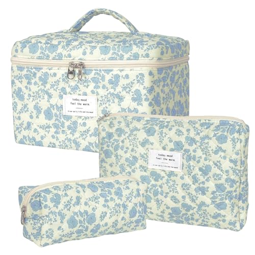 Image of MAYCREATE Makeup Pouch Bag 3pcs Makeup Organizer Bag Combo, Cosmetic Brush Makeup Pouch for Women, Quilted Cotton Large Floral Make Up Toiletry Bags for Travel