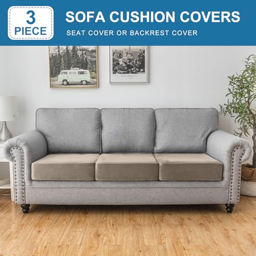 Image of Stretch Silver Fox Velvet Couch Cushion Cover - Soft and Comfortable Fuzzy Slipcover for Chair, Sofa, or Seat Cushion(3 Pcs for 3-Seat Cushion,Taupe)