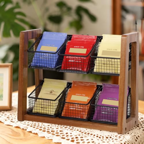 HTB 2 Tier Tea Organizer for Tea Bags with 6 Removable Metal Baskets | Acacia Wood Tea Bag Holder for Sugar Packets, Sweeteners, Creamers,Tea Bag Box Caddy for Cabinet, Counter,Office Wall-mounted