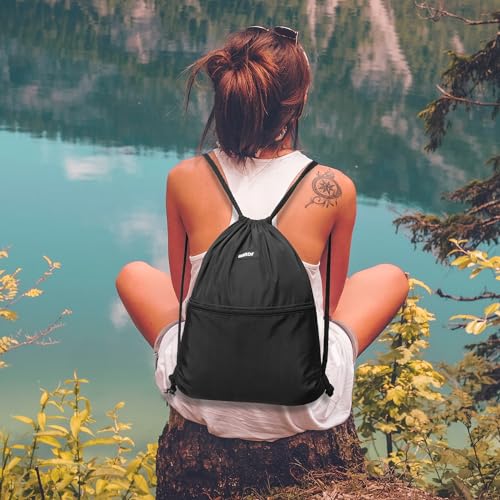 WANDF Rucksack mit Kordelzug Turnbeutel Sportbeutel Gym Bag Mit Aussentasche Verstellbar Tunnelzug Gymsack für Damen Herren Kinder mit Innentasche 11 Liter für Sport und Reisen (A - Schwarz)
