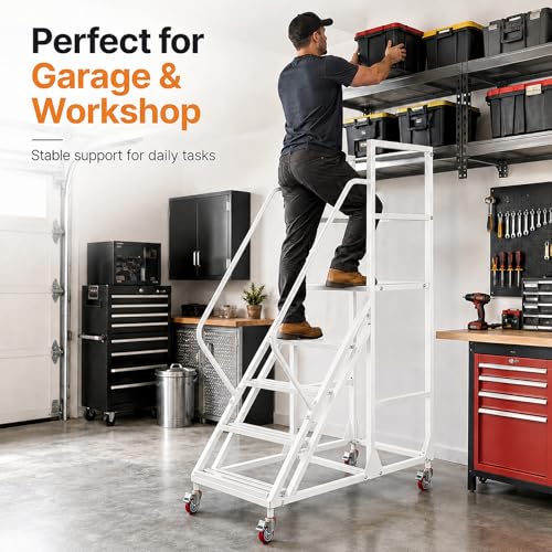 Image of 5 Step Rolling Ladder with Handrails, 1100 lbs Capacity Heavy Duty Mobile Warehouse Ladder with Wheels, Industrial Steel Non-Slip Rolling Stairs with Large Platform, for Garage Stockroom Library