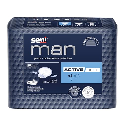 Image of Seni Man Premium Bladder Control Guards Active Light Pads - 15 Pieces | High Absorbency, Breathable, Leak-Proof Incontinence Protection & Comfort | Travel Friendly
