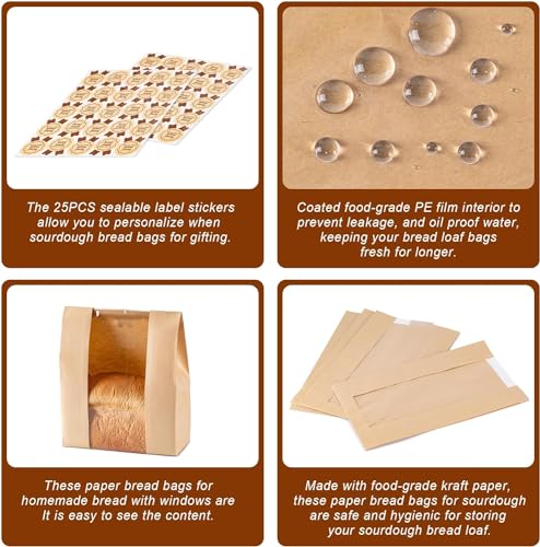 Image of 25 Pieces Paper Bread Bags, Large Bakery Sourdough Bread Bags for Homemade Bread with Window Includes 25 Pieces Label Seal Stickers for Homemade Bread Storage (8x21x32 cm)