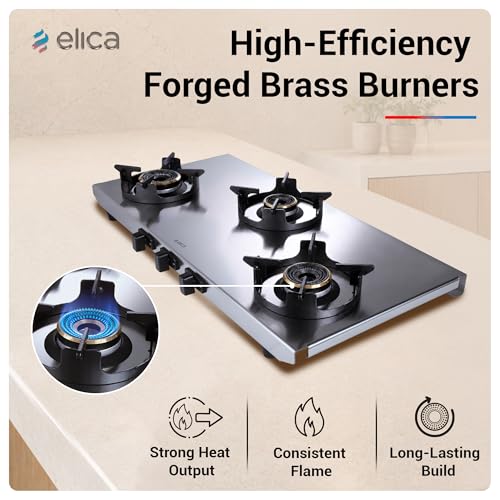 Image of Elica 3 Burner 2mm Stainless Steel Gas Stove | INOX HD 3B 77 | 77cm Wide Layout, Forged Brass Burners - 1 Jumbo 1 Medium 2 Small Burners, Crown Shape Pan Support, 2 Yr Warranty