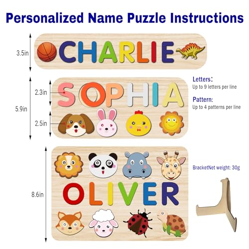 Image of Name Puzzle for Kids Personalized, Baby Easter Basket Stuffer - Custom Baby Boys Girls Easter Birthday Gifts with Engraved Text on Back, Montessori Learning Toys for Toddler 1-3