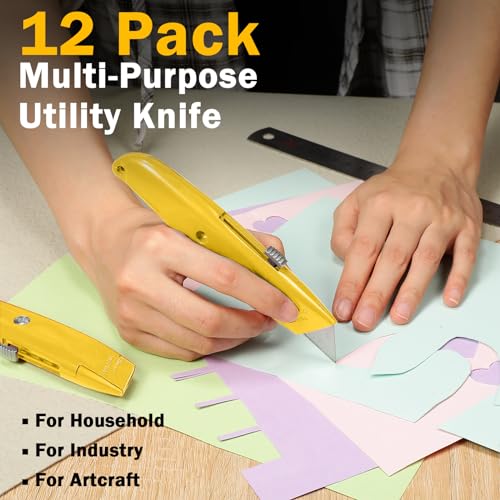 Image of Lasnten 12 Pcs Box Cutter Bulk Retractable Utility Knife Heavy Duty Aluminum Alloy Carpet Knife Package Opener Cutter Blade for Cardboard Plastics Cartons DIY Home Warehouse Office(Yellow)