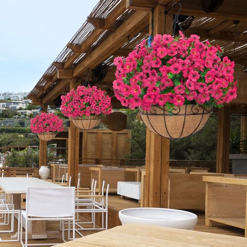 Image of Bassion Artificial Hanging Silk Flowers for Outdoors with Basket, Fuschia