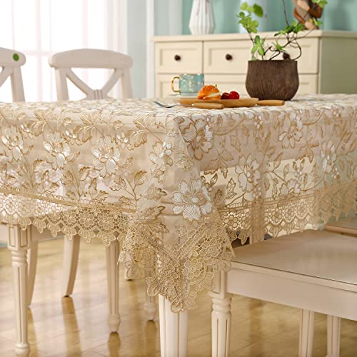 ZHUIDUSI Lace Embroidered Rectangle Tablecloth - Boho Table Cloth Rustic Fabric Retro Lace Tablecloth for Outdoor Picnic Dining Table for 6 Foot Tables 52x70 in, Gold, (R10971)