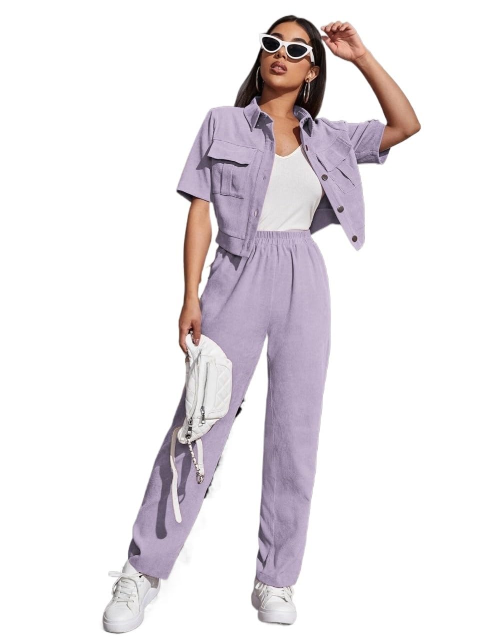 Lounge Sets for Women 2 Piece Corduroy Pocket Blouse Pants Large