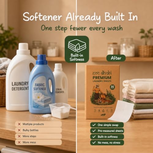 Image of 5 Enzyme-Powered Laundry Detergent Sheets with Built-in Fabric Softener 30 Sheets,60 Washes|Ecofriendly Alternative to Pods, Liquid, Powder Detergent| Works in Top & Front Load & Bucket Wash