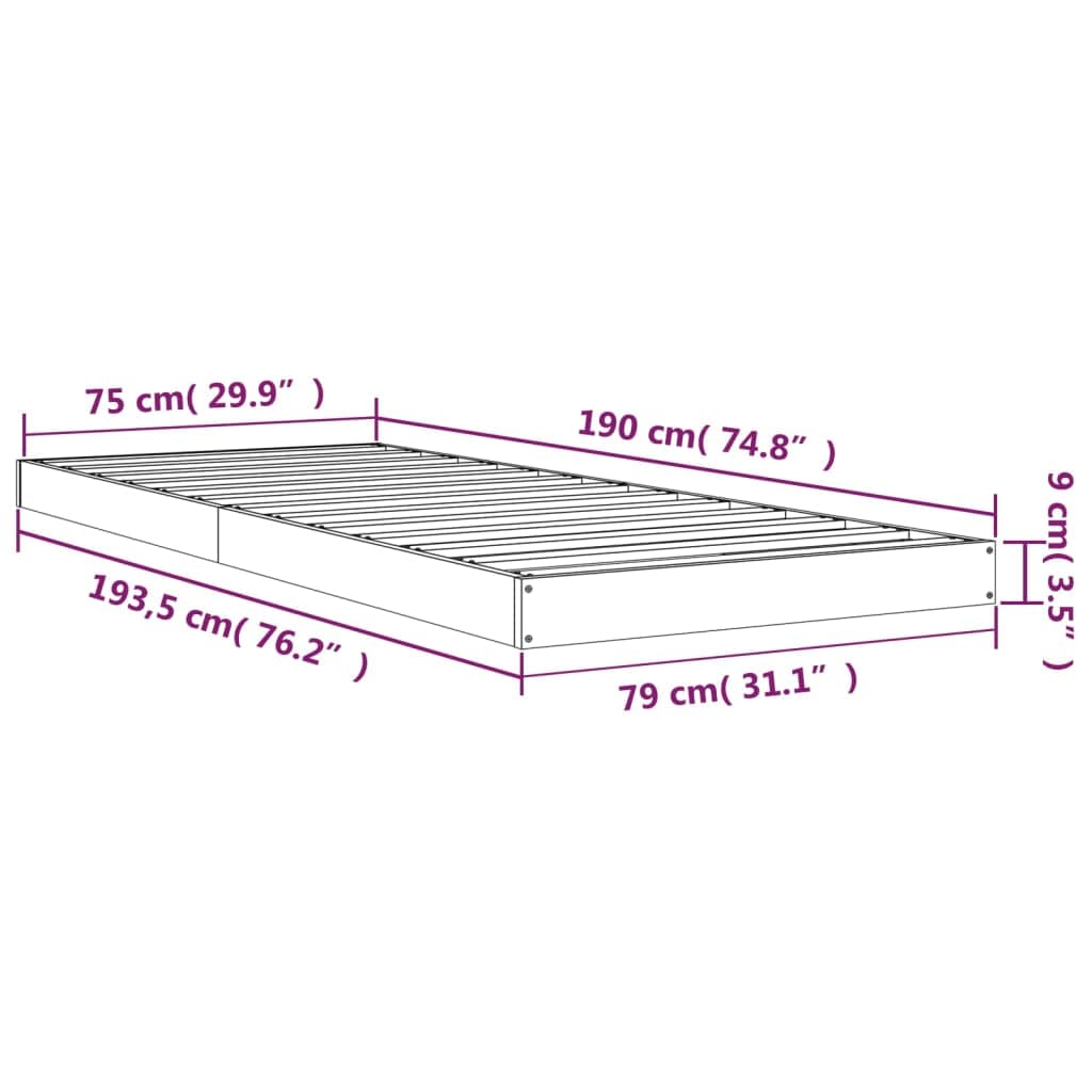 Cama individual de madera maciza de pino, color negro, 75 x 190 cm, con somier de láminas robusto, estructura de madera de pino maciza, ideal para habitaciones juveniles y espacios pequeños