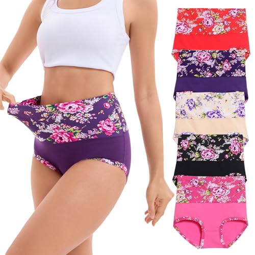 Beilangchc Womens Underwear Cotton High Waist Panties for Women Pack Tummy Control Floral Print...