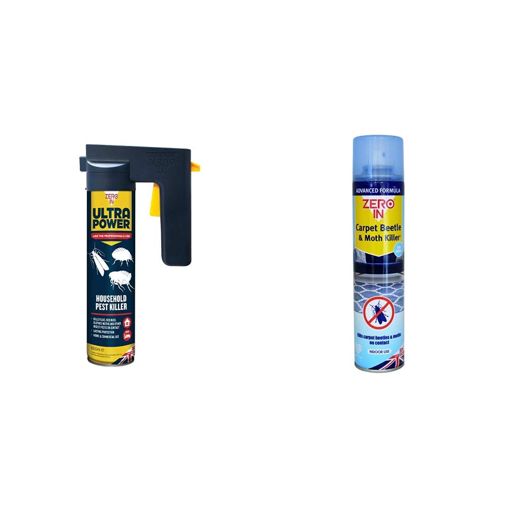 Zero InZER558 600 ml Ultra Power Household Pest Killer, Blue & ZER977 Carpet Beetle and Moth Killer 300ml Aerosol (for Carpets, Upholstery and Surfaces)