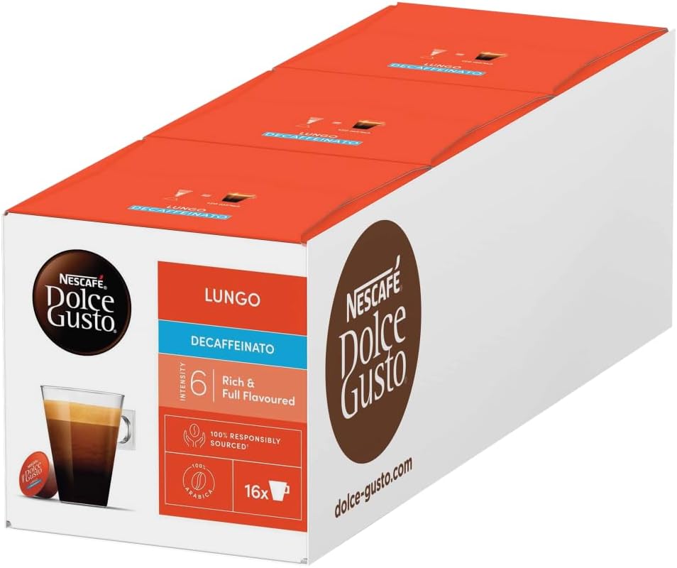 Lungo Decaf Coffee Pods - total of 48 Decaffinated Coffee Capsules - (3 Packs) 16 Pods