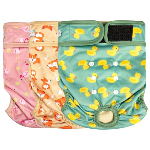 Image of Langsprit Washable Female Dog Diapers - Doggie Reusable Diapers for Doggy Puppy Female in Period - Highly Absorbent Dog Heat Panties (Flamingo Duck) XL