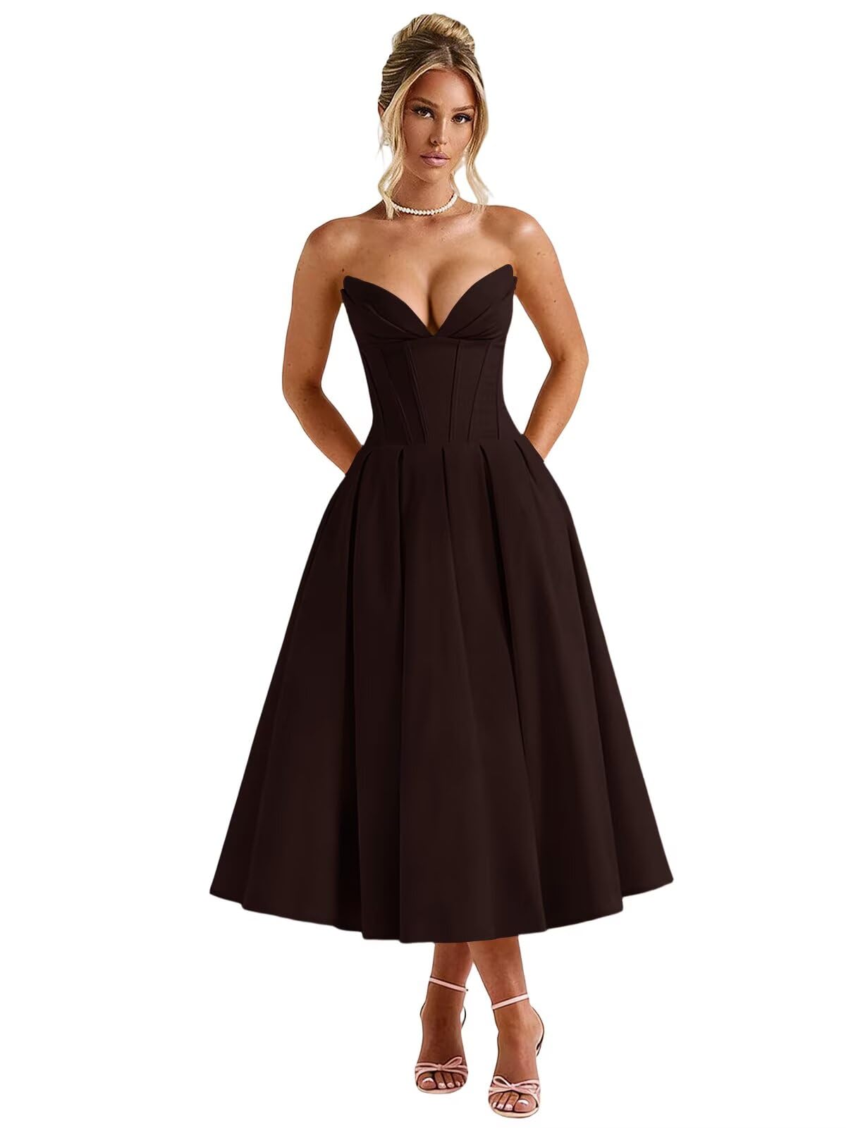 Satin Strapless Prom Dresses 2026 Tea Length A Line Corset Formal Gown with Pockets