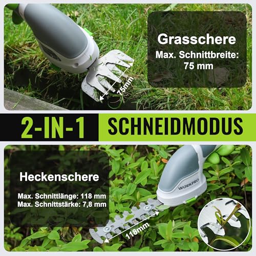WORKPRO Gartenschere Akku 3,6V, handliche Grasschere und Strauchschere elektrisch mit 2 Messern 2.000mAh Akku und Typ C Kabel, 2 in 1 Rasenkantenschneider Schnittbreite 7.5cm, Schnittlänge 12cm – Bild 5