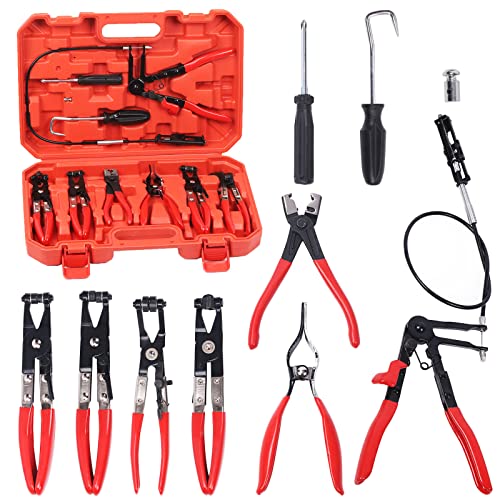 Glarks Juego de 9 Alicates de Abrazadera Flexibles Rojos - Kit de Largo Alcance para Reemplazo de Combustible, Aceite y Manguera de Agua