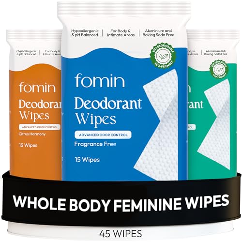 FOMIN Acidified Deodorant Wipes For Women - 45 Count - Variety Pack – Hypoallergenic, pH Balanced Whole Body Wipes - Plastic-Free, Exfoliating & Advanced Odor Control Underarm Body Wipes