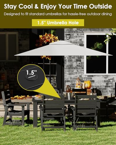 Image of GREENVINES 5-Piece Outdoor Dining Set | HDPE | Patio Table and Chairs Sets for 4 | Patio Furniture | All Weather | Umbrella Hole | Black | for Backyard Poolside Garden