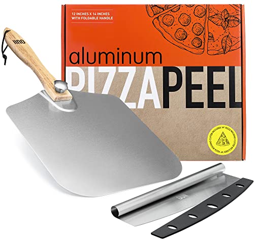 OUII Pizza Peel Aluminum Pizza Paddle 12 x 14 inch - Pizza Cutter 14'' Rocker Blade Spatula for Pizza Stone, Pizza Oven Accessories and Pizza Tools