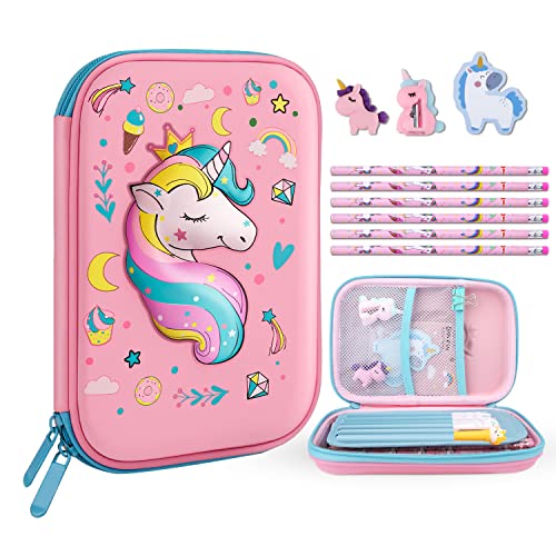 homicozy Pencil Case for Girls Cute Unicorn Stationary Set for Kids 3D EVA School Large Capacity Pencil Pen Box with Compartment School Supplies for Girls Back to School Gifts for Kids Pink