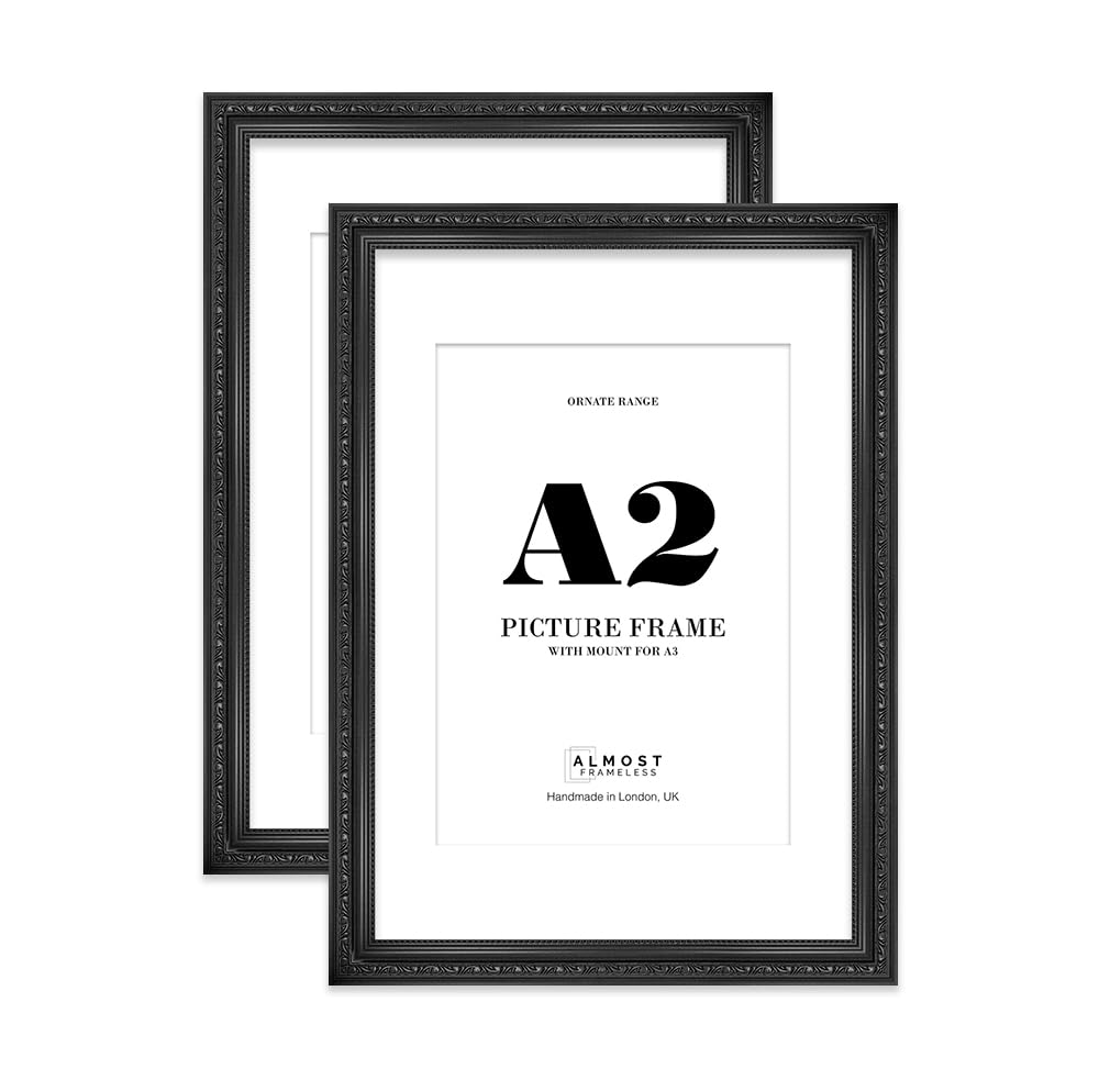 Black Ornate Picture Frame A2 With A3 Mount for Photos - Wall Display, Landscape or Portrait, 2 Pack