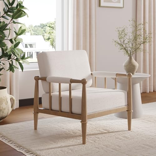 Nathan James Spencer Boucle Accent Chair, Bohemian Armchair with Solid Wood Frame and Upholstered Foam Cushion, Cream/Light Brown