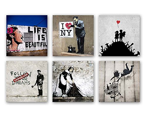 Banksy Bilder Set B, 6-teiliges Bilder-Set jedes Teil 29x29cm, Seidenmatte Optik auf Forex, Moderne schwebende Optik, UV-stabil, wasserfest, Kunstdruck für Büro, Wohnzimmer, XXL Deko Bild