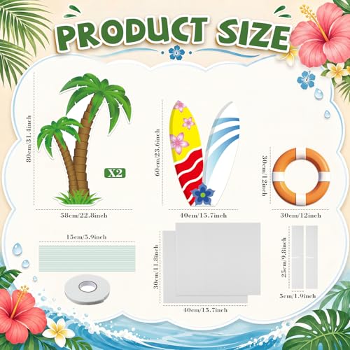 Image of 4 Pcs Hawaiian Party Decorations Set, Palm Tree Surfboard Swimming Ring Cardboard Cutout with Sturdy Bases for Tropical Luau Beach Themed Party Birthday Summer Photo Booth Props