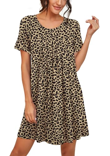 Image of PrinStory Nightgowns for Women Short Sleeve Night Gowns Pleated Sleep Shirt Ladies Nightshirt Soft Sleepwear