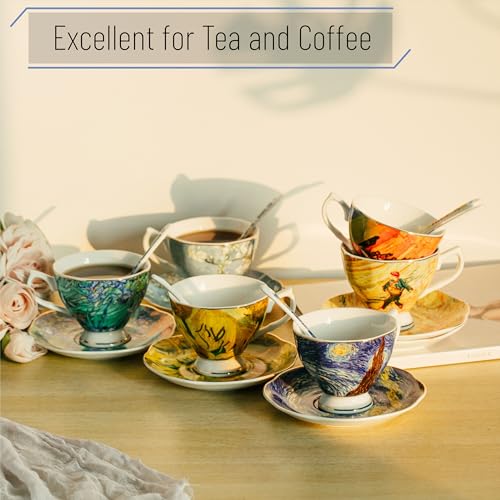 Image of BTaT- Tea Cups and Saucers, Set of 6 with Spoon, 8 oz, Fine Porcelain Teacup Set with Gold Trim for Afternoon Tea, Weddings, Parties & Gifting, Dishwasher Safe, Lightweight, Non-Toxic