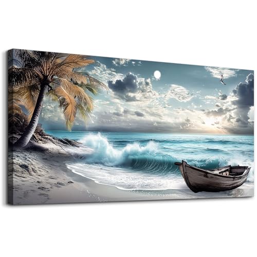 Image of XIGUANGART Beach Large Canavs Wall Art Wall Decor for Living Room Art Prints for Bedroom Above Bed Coconut Trees Pictures Rustic Coastal Artwork Nature Landscape Painting for Home Office 30x60 IN