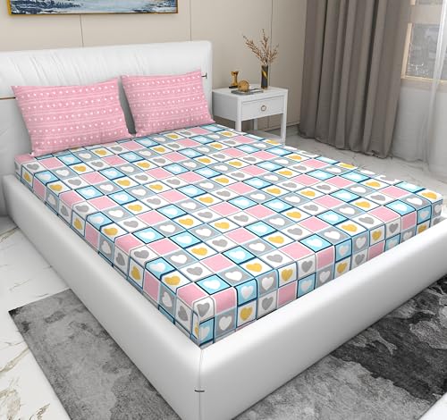 Image of RD TREND 210 Tc Bedsheet for Double Bed King Size 100 x 108 Inches, Glace Cotton Bedsheet for King Size with 2 Pillow Covers 18 x 28 Inches, Pink Heart