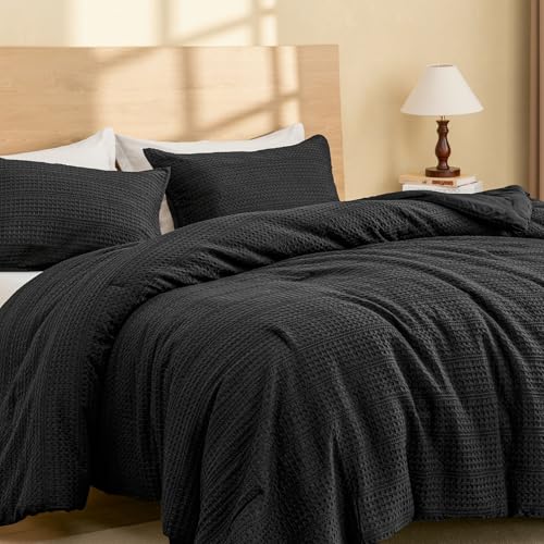 Image of PHF Soft Waffle Comforter Set King Size- Comfy Breathable Waffle Weave Comforter with 2 Pillow Shams, 3 Pieces Less Snagging Lightweight Textured Bedding Set for All Season, Black
