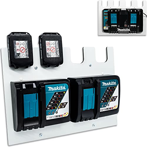 trand Wandhalterung für Makita Akkus und Ladegeräte | stabiler 4er Akkuhalter und Ladegeräthalter | Ordnung in Werkstatt und Garage | Made in Germany aus HPL Cover