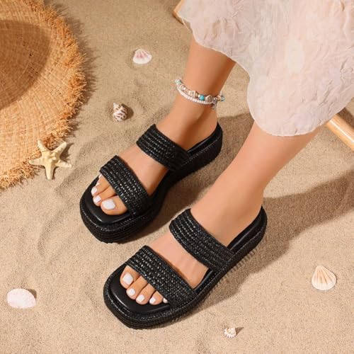 Image of Erocalli Platform Sandals Women Cute Wedge Espadrilles Slip on Summer Beach Raffia Vacation Sandal Comfortable Open Toe Dressy Shoes
