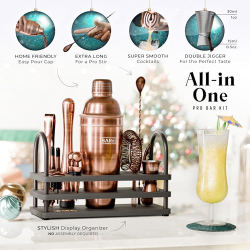 BARE BARREL® Mixology Bartender Kit Bar Set | 14-Piece Cocktail Shaker Set | Martini Barware Mixing Tools for Home Bartending | 35 Recipe Cards | Gift Set (24oz Cobbler Shaker, Copper/Black)