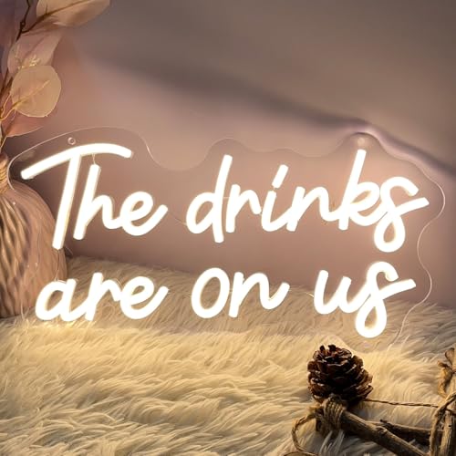 Image of The Drinks are On Us Neon Sign for Wall Decor Wedding Light Up Neon Sign Indoor Bedroom Home Decor LED Neon Signs Large Backdrop Flex Christmas Living Room Girls Boys Gift,USB Warm White 40x20.8 CM