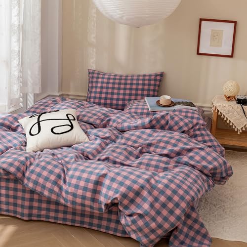 Image of EAVD Modern Purple Pink Plaid Duvet Cover Queen Soft 100% Washed Cotton Reversible Grid Bedding Duvet Cover with 2 Pillowcases Geometric Simple Plaid Comforter Cover with Zipper Closure