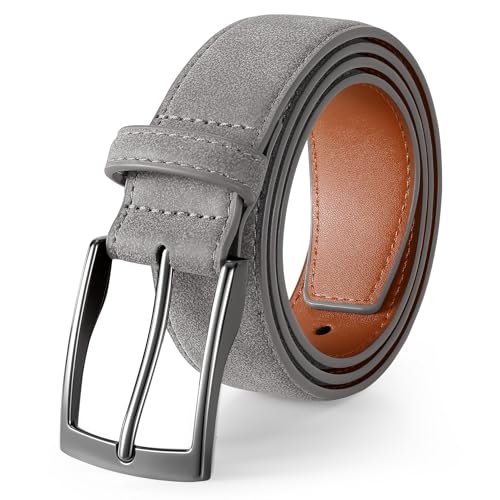 XZQTIVE Mens Suede Belt - 1 3/8 Genuine Leather Dress Belt for Jeans Dress Handmade Classic Every Day Belt Gray (Fit Pant 31-35)
