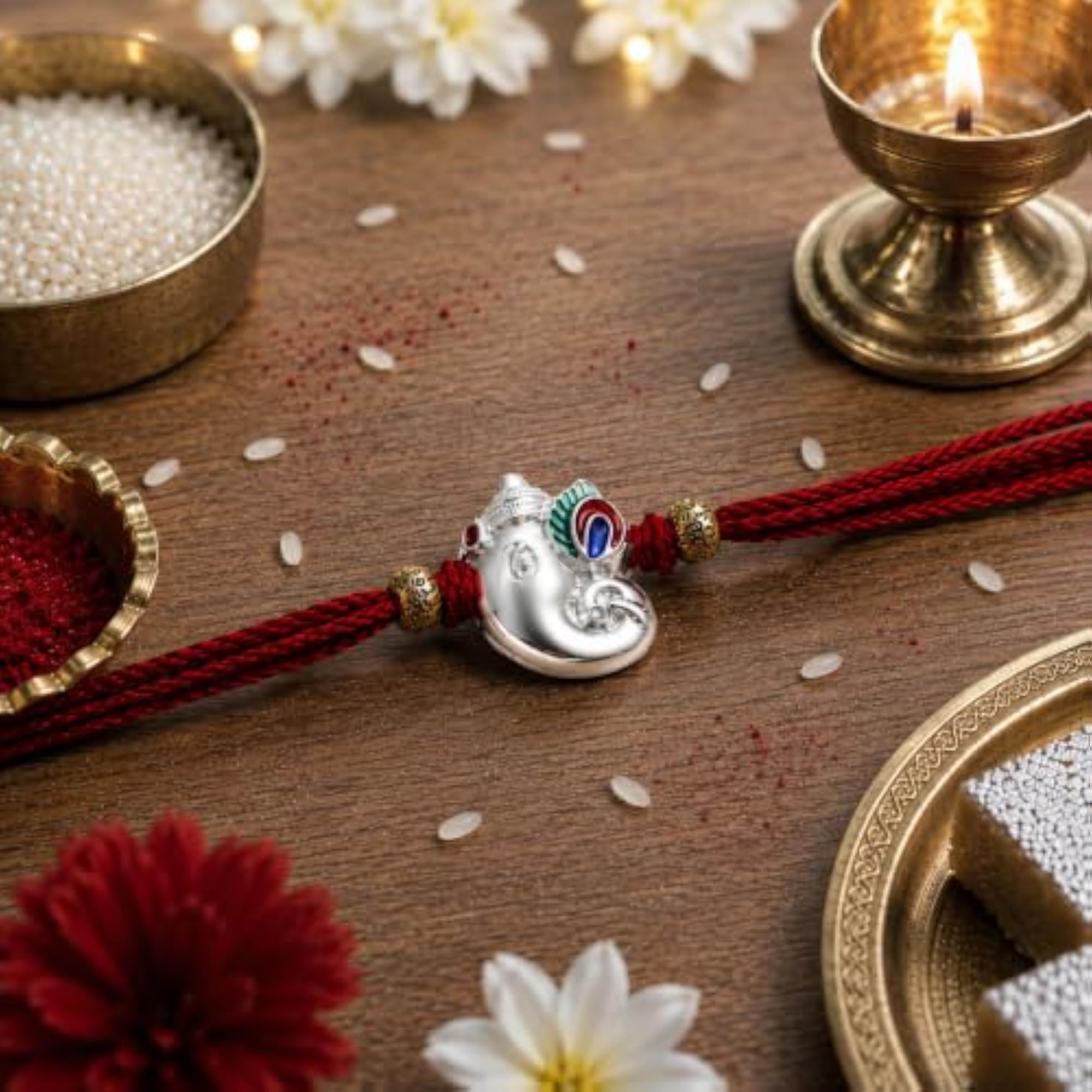 925 Pure Silver Bhaiya Bhabhi Rakhi Combo Gift Set