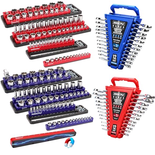 Image of 8-Piece Magnetic Socket and Wrench Organizer Set, Metric & SAE, 1 /4 inch, 3 /8 inch, 1 /2 inchDrive Detachable Socket Storage Tray, 24-Slot Wrench Holder with Non-Slip Handle & Lock Cover for Toolbox Drawer Storage