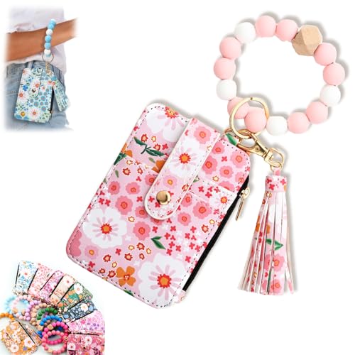 Womens Boho Beaded Wallet Keychain Wristlet Keychain Card Holder Small Purse for Women(Light Pink)