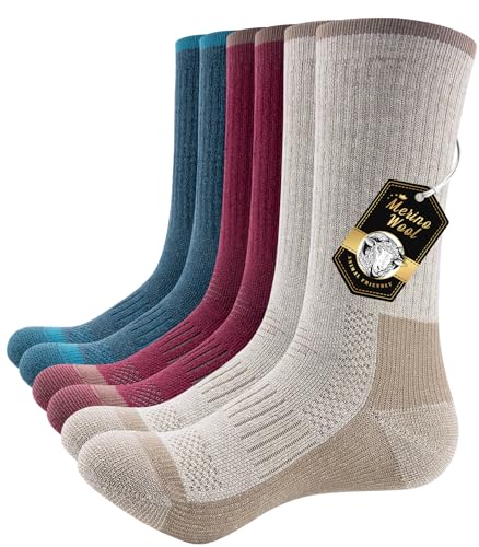 PULIOU Merino Socken Thermosocken Herren Damen Wandersocken Dicke Merinowolle Outdoor Trekkingsocken Anti-Blasen Arbeitssocken Wintersocken,3 Paar
